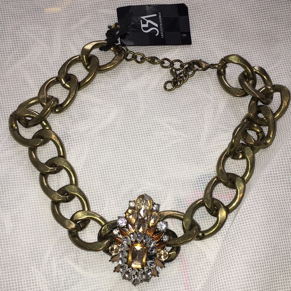 Saks Fifth Avenue Gold Statement Chain Necklace with Crystal Cluster